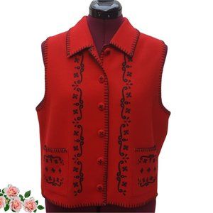 Talbots VTG Red Vest Black Blanket Stitching Embroidery  Motif Women's Size M/P